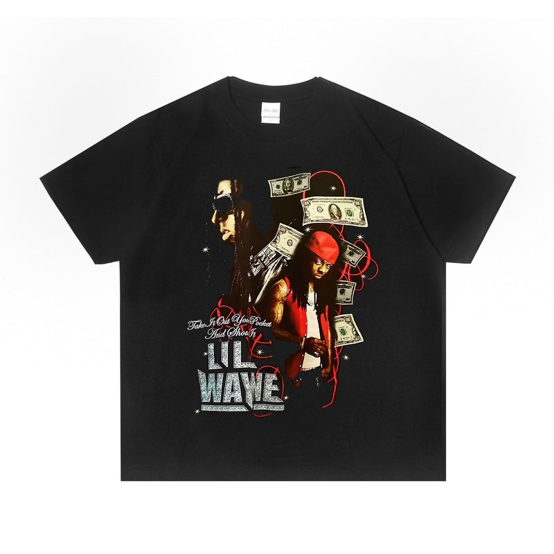 Rock Star T Shirt Singer Lil Wayne Printed T-shirt Short Sleeve round Neck Loose Cotton Fashion Brand