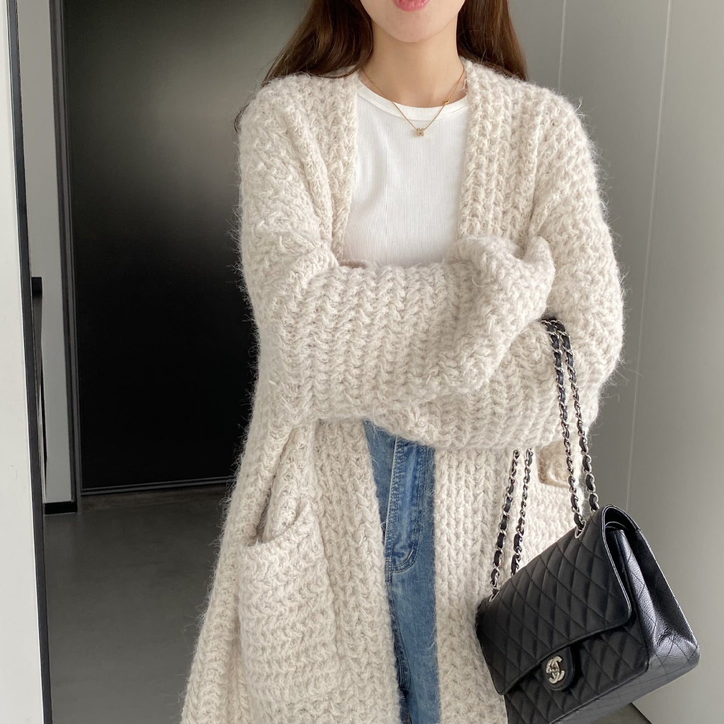 Women Cardigan Sweater Autumn and Winter Loose Pocket Texture Interwoven Long Cardigan Jacket Kc81