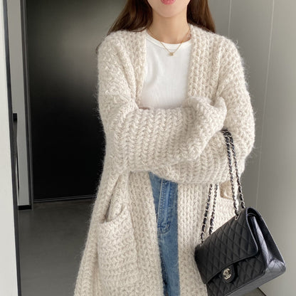 Women Cardigan Sweater Autumn and Winter Loose Pocket Texture Interwoven Long Cardigan Jacket Kc81