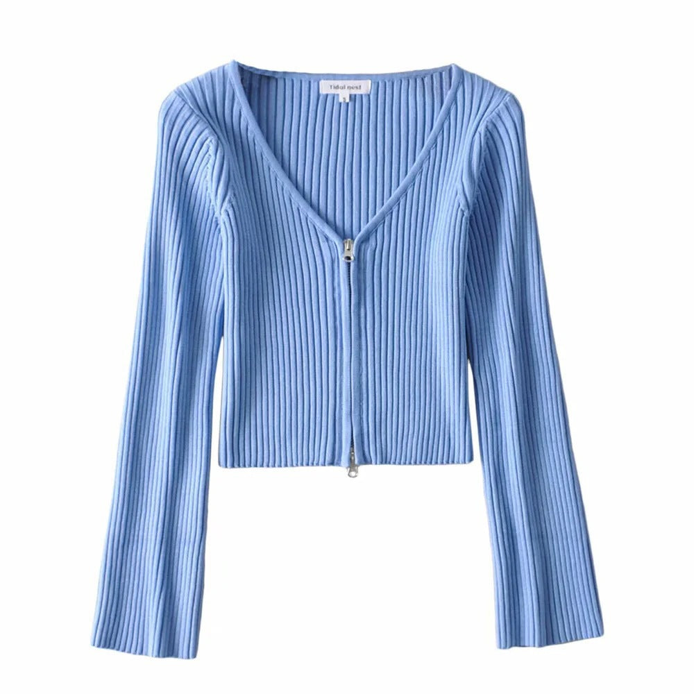 Women Sweater Knit Wear Spring and Autumn Double Zipper Knitted Cardigan Jacket