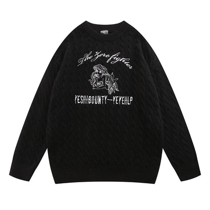Women Sweater Cartoon round Neck Sweater College Style Loose Knitted Top