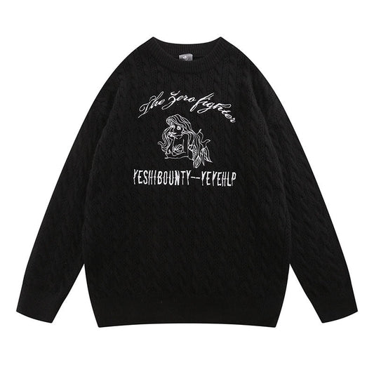 Women Sweater Cartoon round Neck Sweater College Style Loose Knitted Top