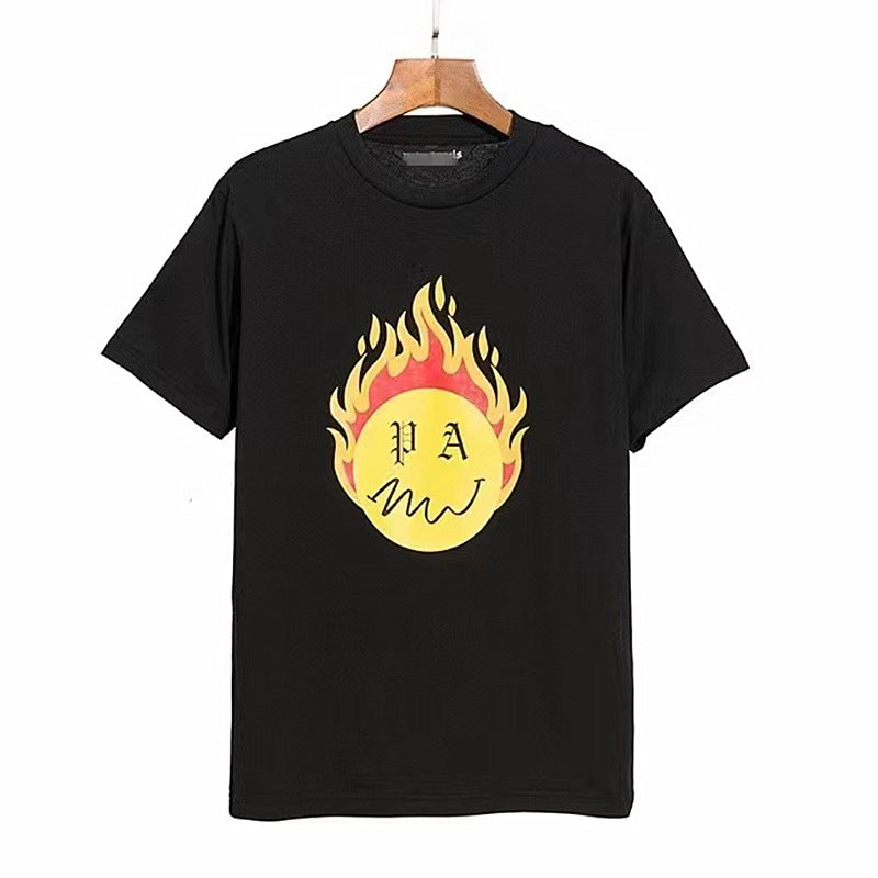 Palm Angle T Shirts Burning Flame Ball Printing Couple Loose