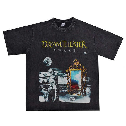 Rock Star T Shirt Avant-Garde Metal Rock Dream Theater Band Washed Distressed T-shirt Short Sleeve