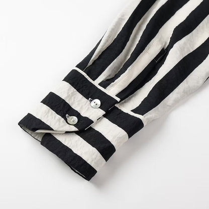 Women Tops Summer Striped Shirt Single-Breasted Mid-Length Top