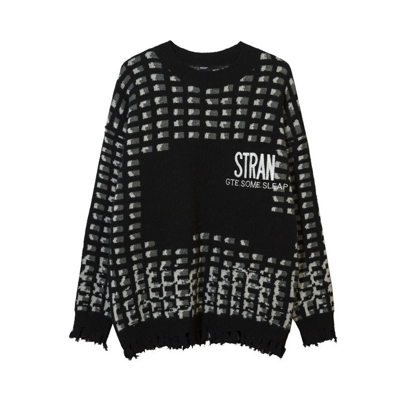 Women Sweater Contrasting Color Jacquard Special-Interest Design Loose Hole