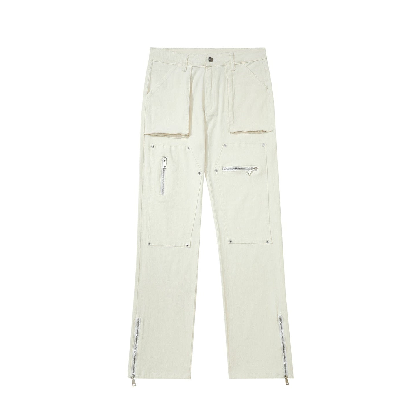 Men Sweatpants Cargo Casual Trousers Pocket Straight-Leg Pants Denim Zipper Pants