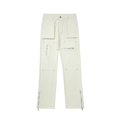 Men Sweatpants Cargo Casual Trousers Pocket Straight-Leg Pants Denim Zipper Pants