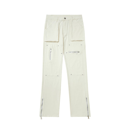 Men Sweatpants Cargo Casual Trousers Pocket Straight-Leg Pants Denim Zipper Pants