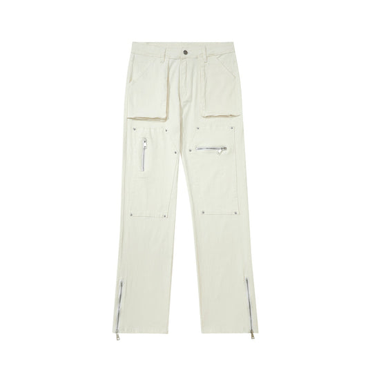 Men Sweatpants Cargo Casual Trousers Pocket Straight-Leg Pants Denim Zipper Pants