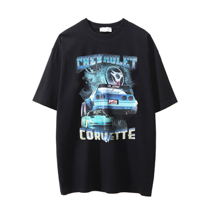 Men Vintage T-Shirt Printed Washed and Worn T-shirt Men's Loose Casual Short-Sleeved T-shirt