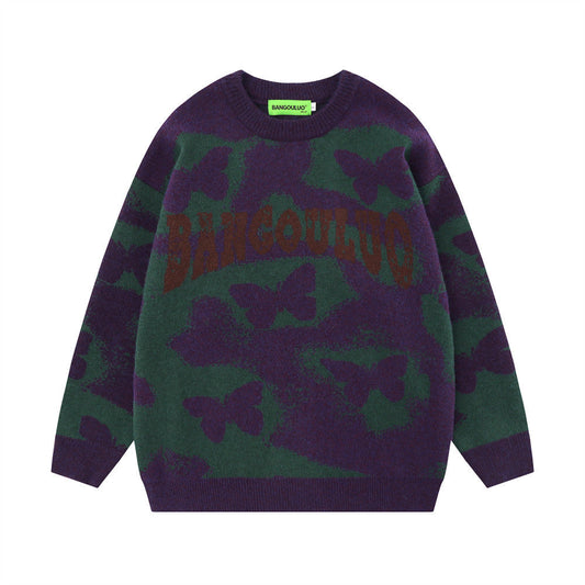 Men Sweater Butterfly Print round Neck Sweater Loose Knit
