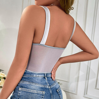 Women Party Tops Sexy Suspenders Mesh Diamond Vest