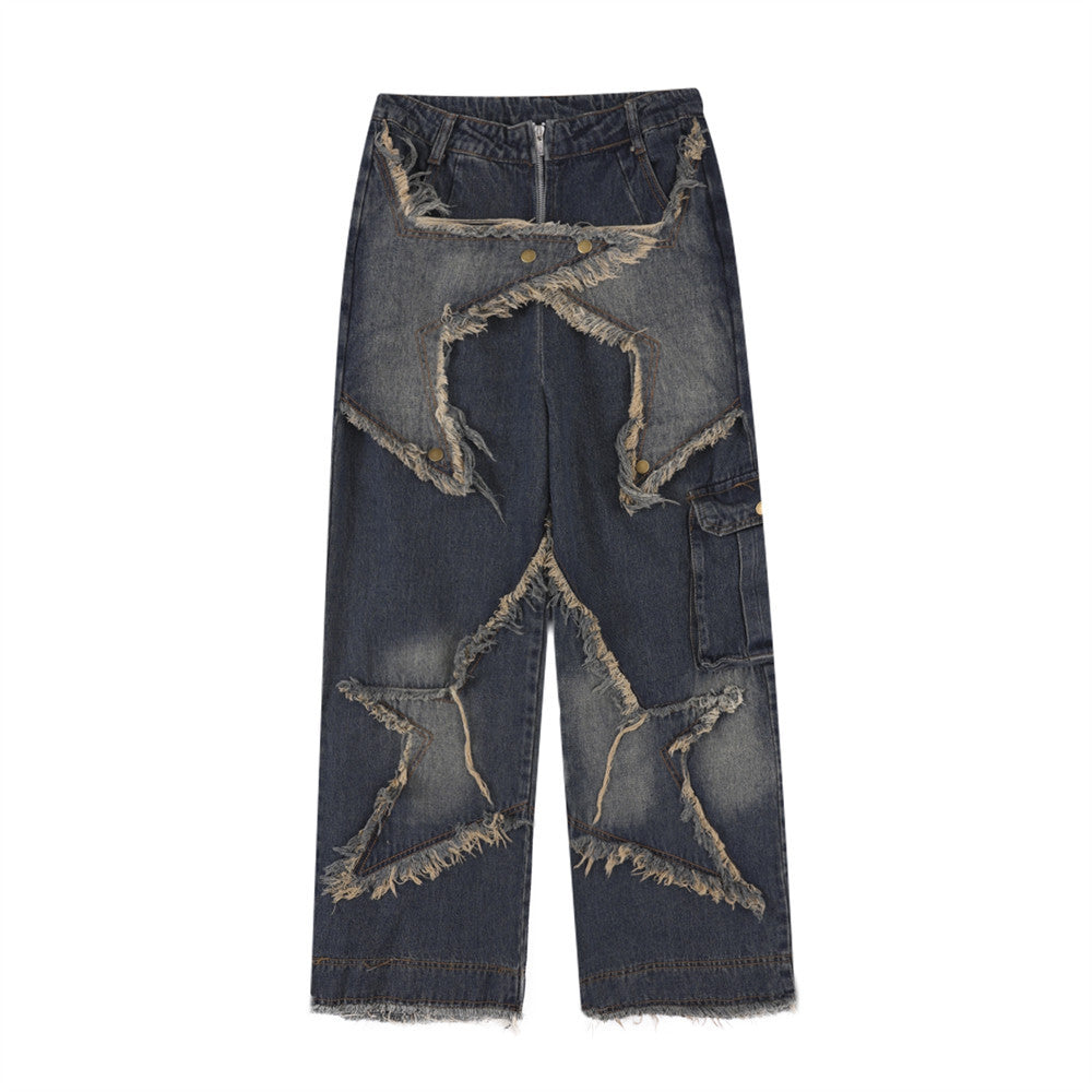 Men Jeans Patch Five-Pointed Star Straight Cat Raw-Cut Edges Loose
