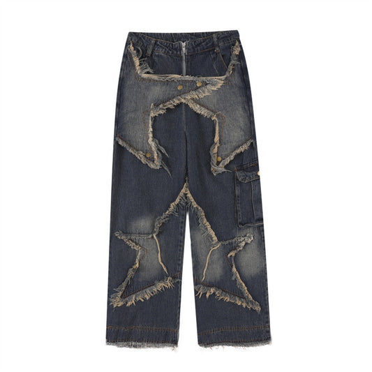 Men Jeans Patch Five-Pointed Star Straight Cat Raw-Cut Edges Loose