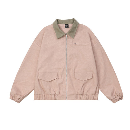 Men Jacket Coat Loose Leather Coat Coat Men's Color Contrast Patchwork Embroidered Letter Lapel PU Leather Jacket