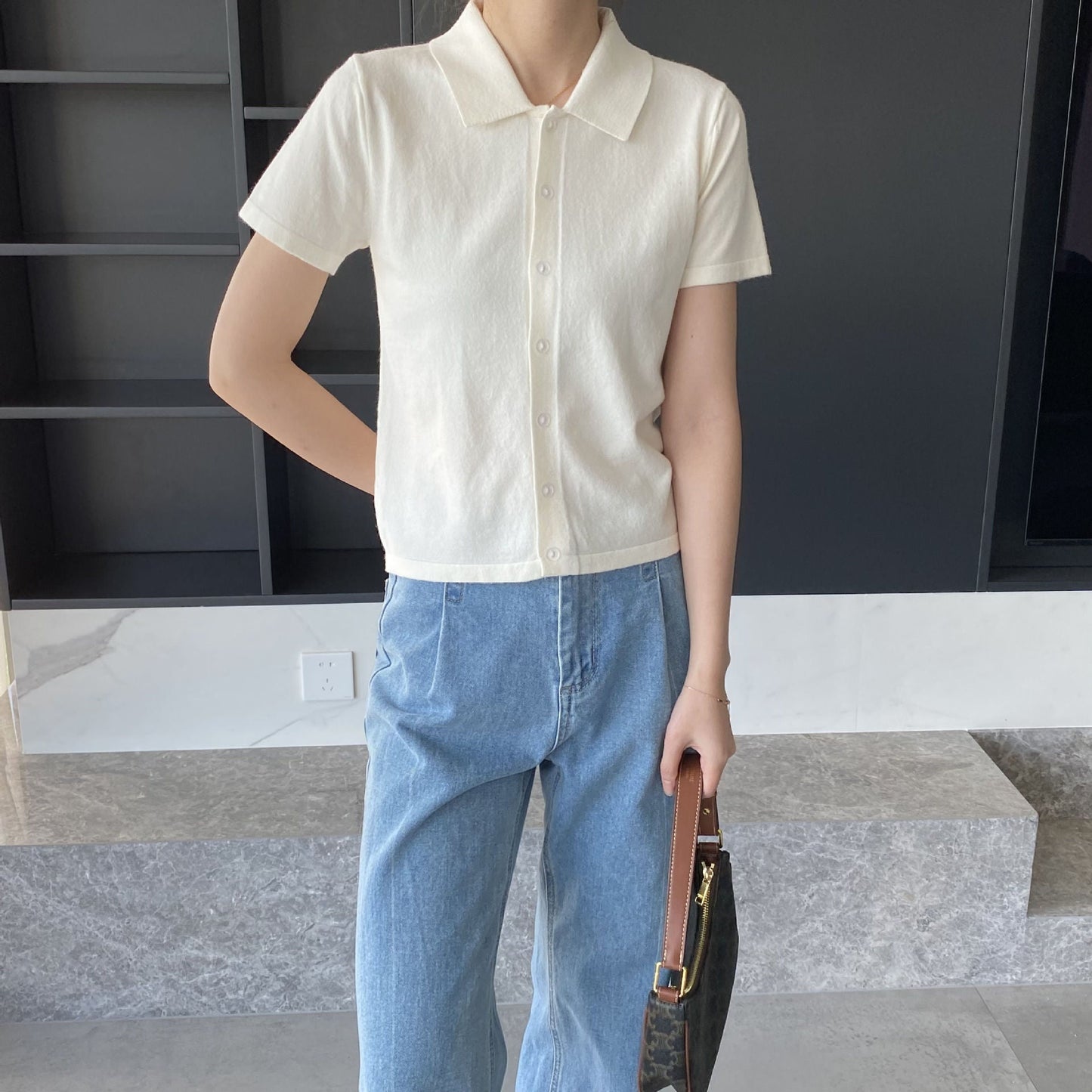 Women Knitted T-shirt Knitted Cardigan Jacket Slim Fit Short Sleeve Polo Collar Top