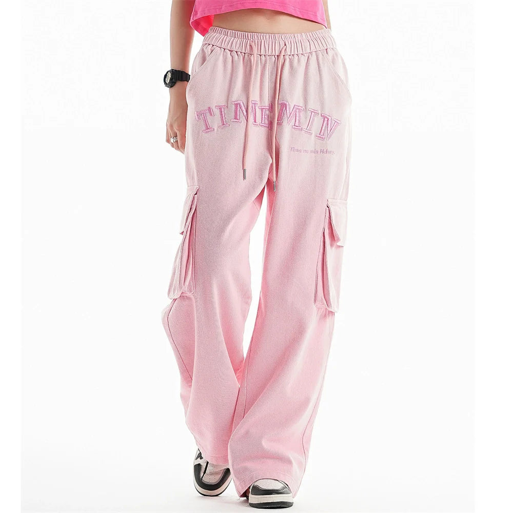 Men Sweatpants Wash Water Gradient Tie-Dye Straight-Leg Trousers Embroidery Loose Pockets Workwear Casual Pants