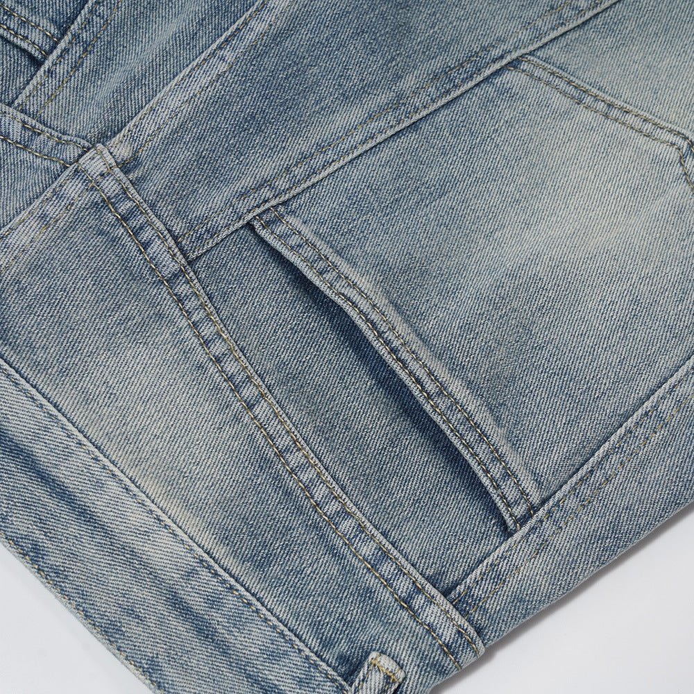 Men Jeans White Distressed Stitching Zipper Slit