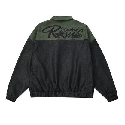 Men Jacket Coat Loose Leather Coat Coat Men's Color Contrast Patchwork Embroidered Letter Lapel PU Leather Jacket