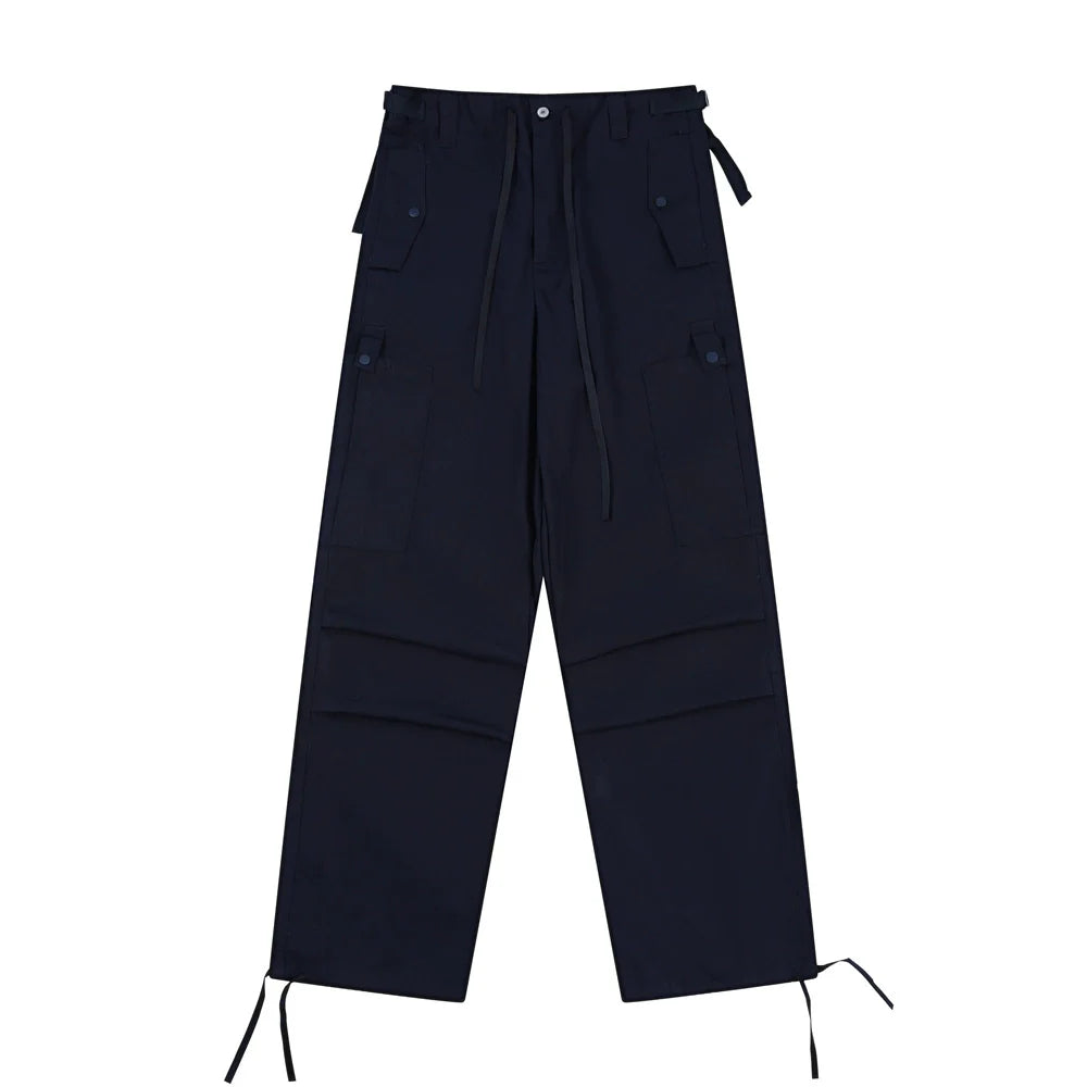 Men Sweatpants Casual Straight Trousers Loose Cargo Pleated Drawstring Ankle Banded Pants