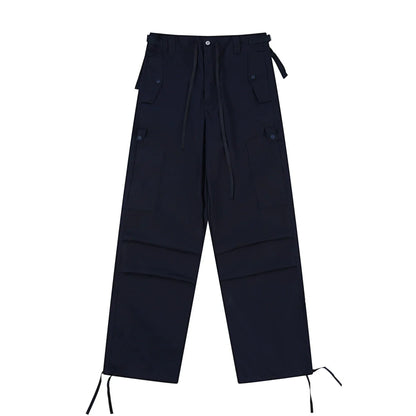 Men Sweatpants Casual Straight Trousers Loose Cargo Pleated Drawstring Ankle Banded Pants