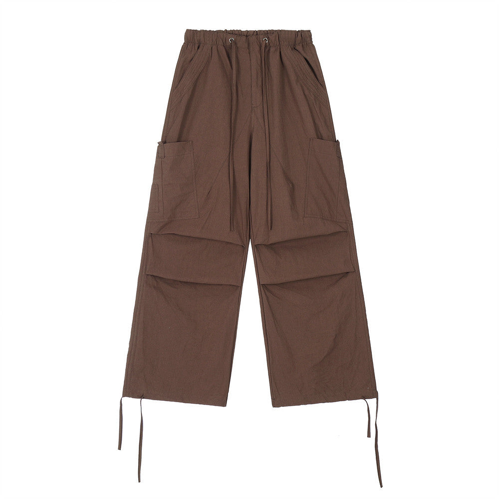 Men Sweatpants Pleated Casual Pants Men's Pocket Straight-Leg Trousers Drawstring Jogger Pants