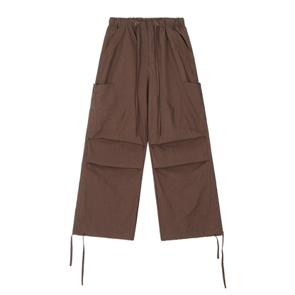 Men Sweatpants Pleated Casual Pants Men's Pocket Straight-Leg Trousers Drawstring Jogger Pants