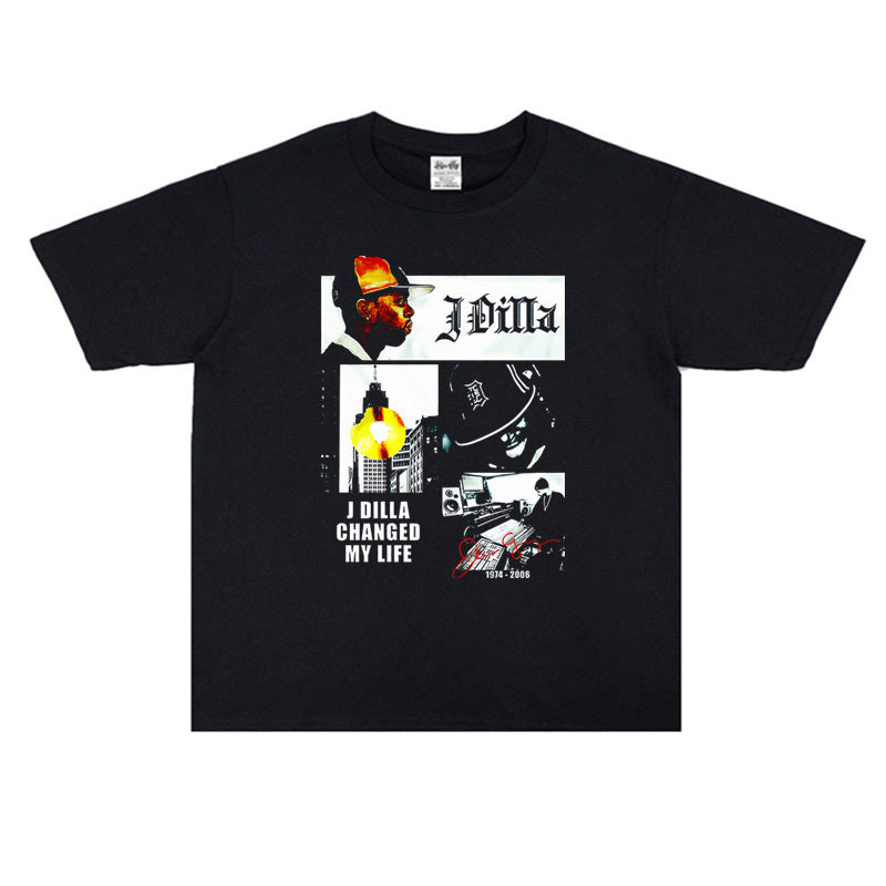 Rock Star T Shirt European and American Hip-Hop J. Dilla Jay Dee Washed Distressed T-shirt Short Sleeve Loose