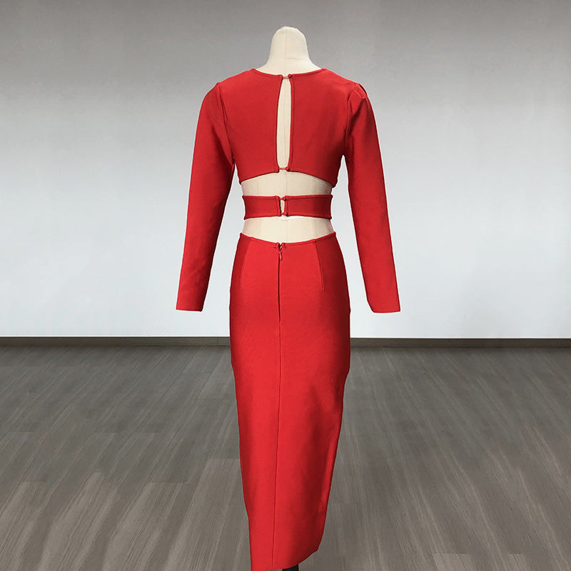Women Evening Dress V-neck Bandage Dress Long Sleeve Simple Hollow Dress