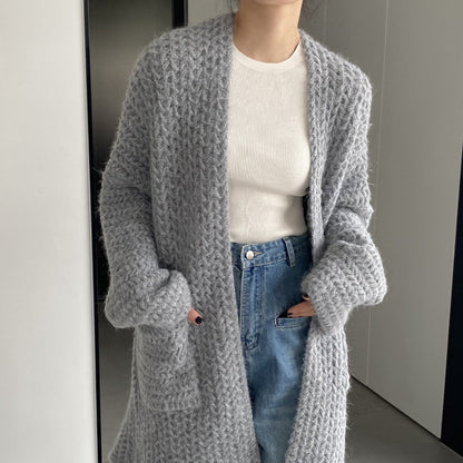 Women Cardigan Sweater Autumn and Winter Loose Pocket Texture Interwoven Long Cardigan Jacket Kc81
