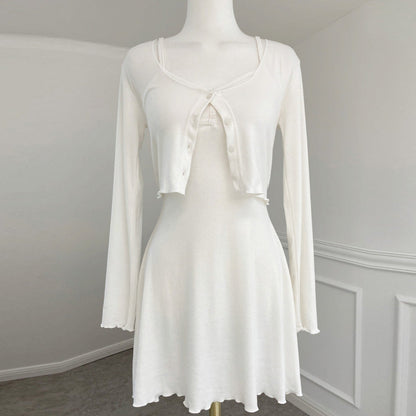 Women Dresses White V-neck Suspenders Dress Long Sleeve Cardigan Jacket Suit Skirt