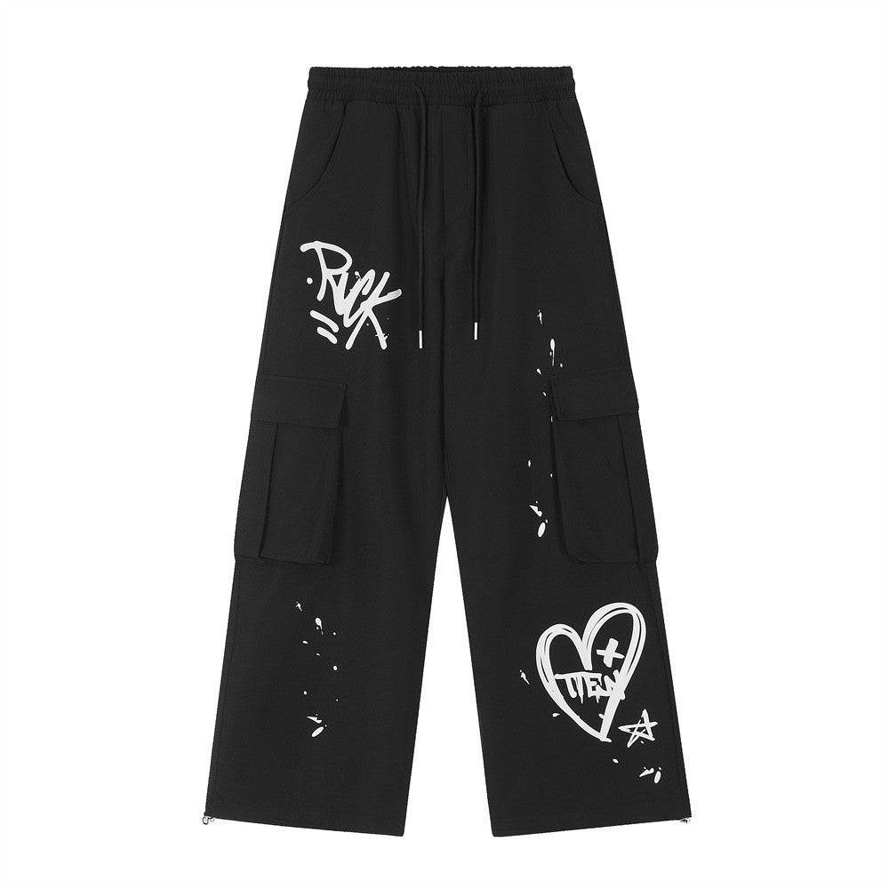 Men Sweatpants Casual Pants Men's Loose Love Splashed Ink Printing Sports Drawstring