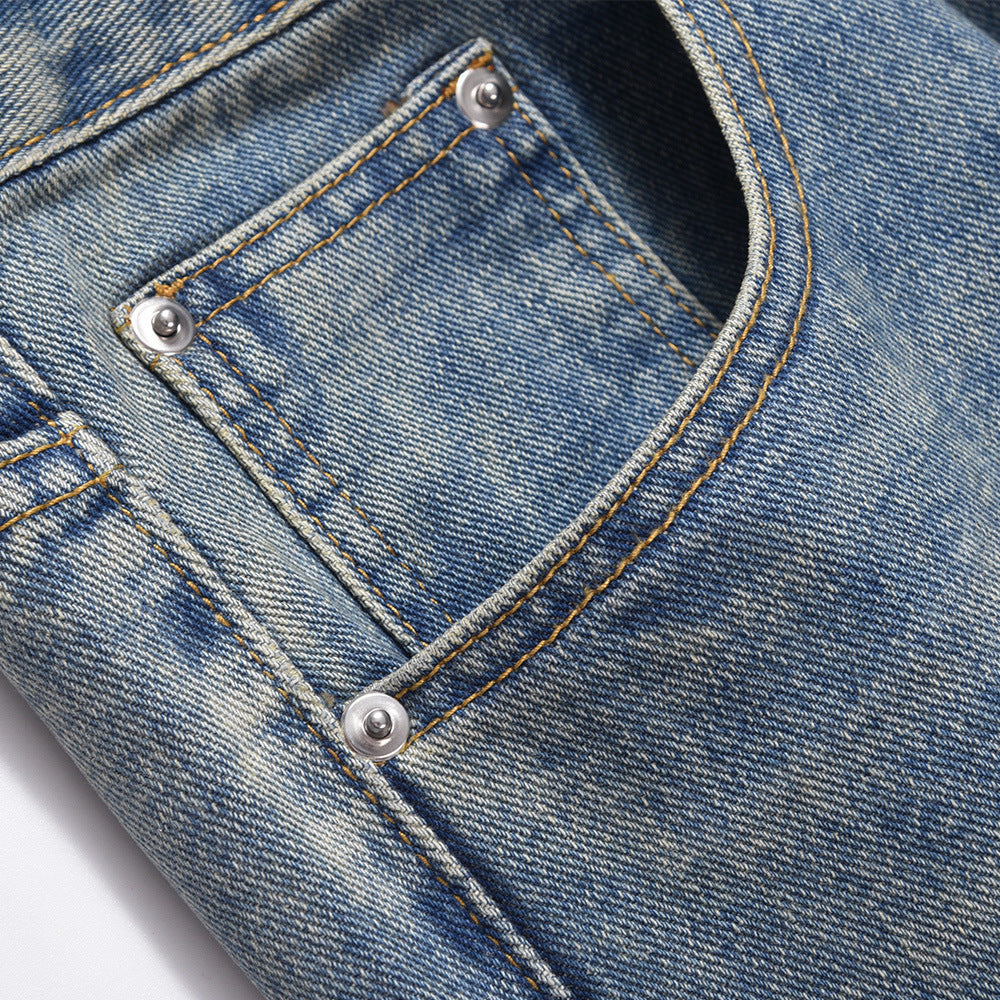 Men Jeans Loose Straight Personality Wide Leg Zipper Decorations