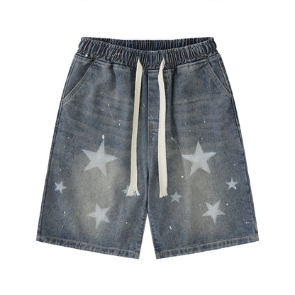 Men Shorts Five-Pointed Star Printed Denim Shorts Loose