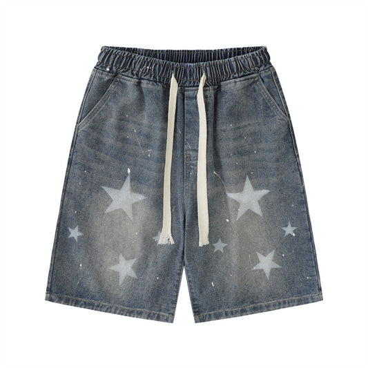Men Shorts Five-Pointed Star Printed Denim Shorts Loose