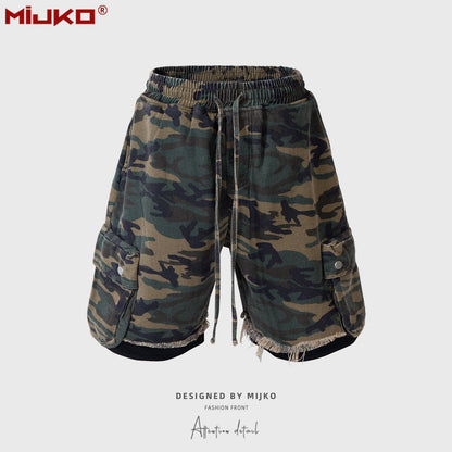 MIJKO Men Shorts Casual Pants Drawstring Splicing Camouflage Shorts