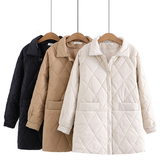 Women Cotton Coat plus Size Diamond Plaid Loose Slimming and Warm