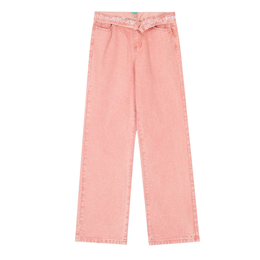 Women Pants Flanging Letter Embroidered Jeans Straight-Leg Pants