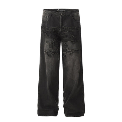 Unisex Pants Make Old Patch Embroidered Loose Jeans