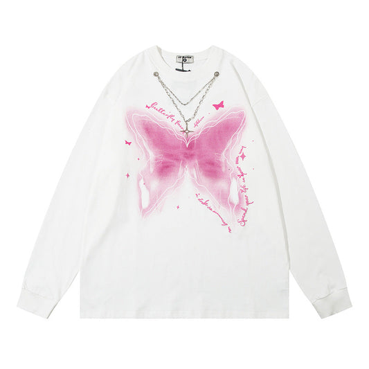 Men Long Sleeve T-Shirt Butterfly Printed Cotton Leisure Chain Decoration
