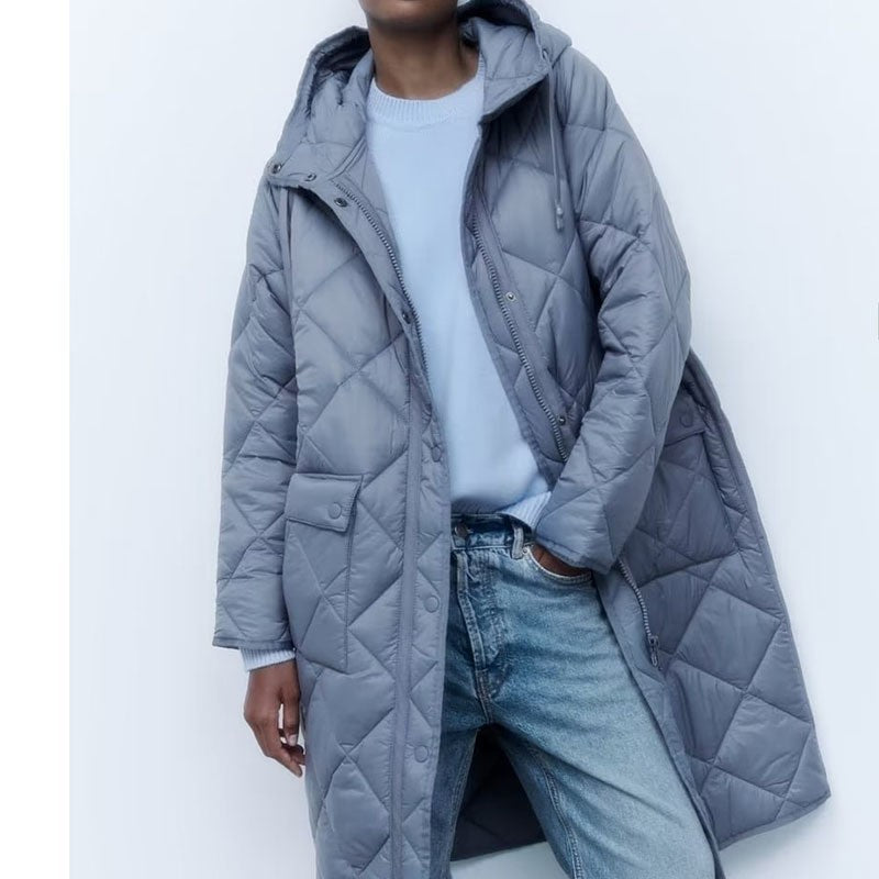 Women Cotton Coat Diamond Lattice Loose Decorative Blue Hooded Jacket