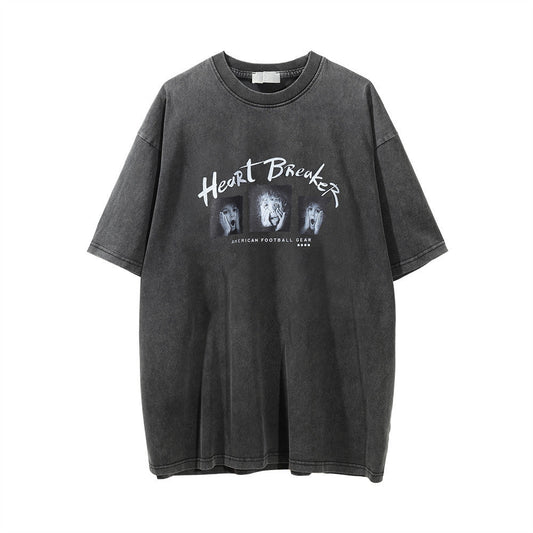 Men Vintage T-Shirt Printed Washed Distressed Short-Sleeved T-shirt Men's Casual round Neck