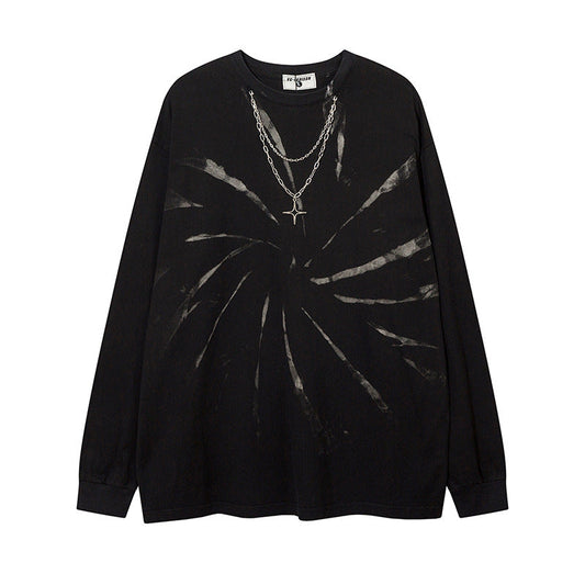 Men Long Sleeve T-Shirt Necklace T-shirt Tie-Dyed Loose Cotton