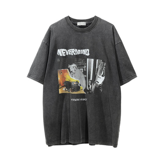 Men Vintage T-Shirt Character Printed Washed Distressed Short-Sleeved T-shirt Men's Loose round Neck Ins Summer