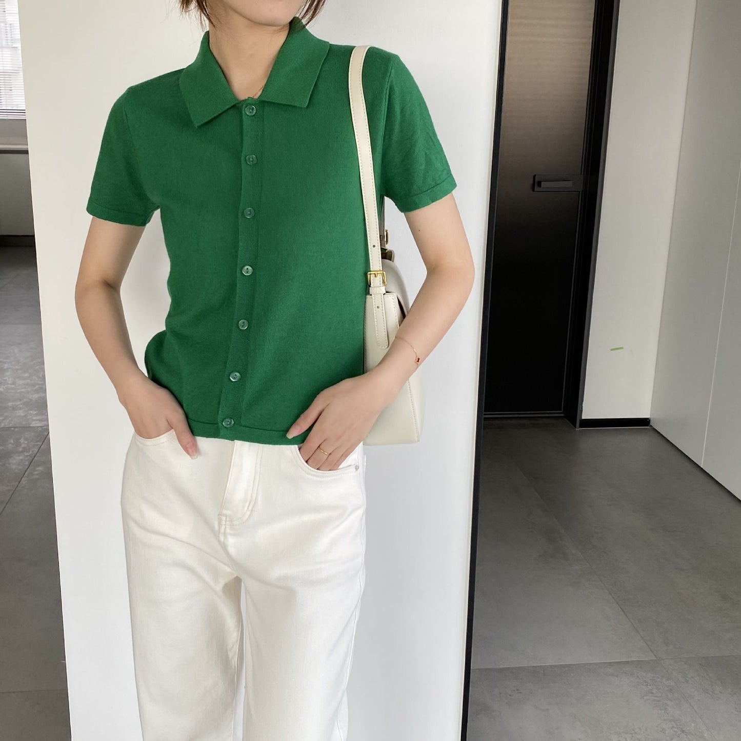 Women Knitted T-shirt Knitted Cardigan Jacket Slim Fit Short Sleeve Polo Collar Top