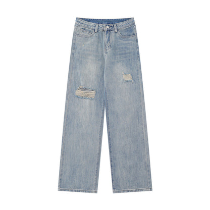 Women Pants Ripped Straight Jeans Wide Leg Loose Trousers