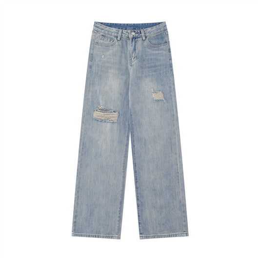 Women Pants Ripped Straight Jeans Wide Leg Loose Trousers