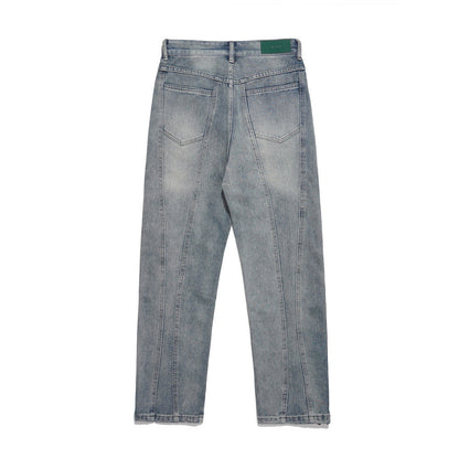 Men Jeans White Distressed Stitching Zipper Slit