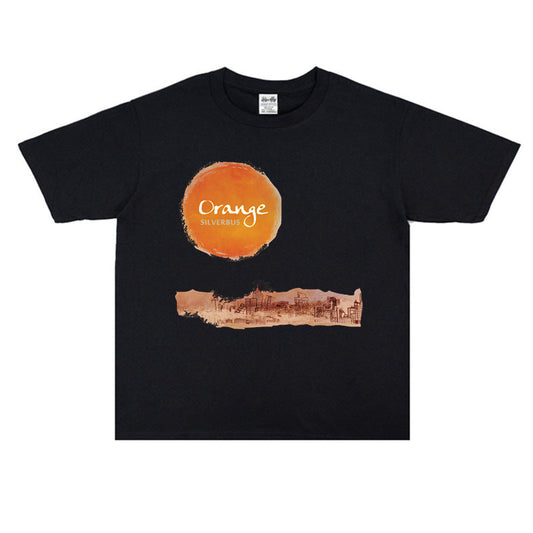 Rock Star T Shirt Silver Bus Band Orange Printed Short Sleeve Loose-Fitting Pure Cotton T-shirt round Neck